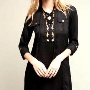 ANTHROPOLOGIE Holding Horses Black Embroidered Lace-Up Long Sleeve Dress